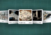 Image of scale modelling cutting board with polaroids of various Star Wars scale models, as cover image for a blog about the ModelSpace November scale modeller of the month - Alex Hilpert.