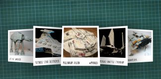 Image of scale modelling cutting board with polaroids of various Star Wars scale models, as cover image for a blog about the ModelSpace November scale modeller of the month - Alex Hilpert.