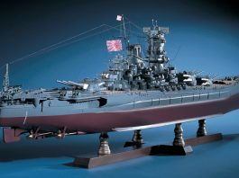 Image of the ModelSpace 1:250 Battleship Yamato scale model, as a cover image for a blog about the history of battleships prior to being defeated by aerial attacks.