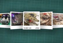 Image of scale modelling cutting board with polaroids of the De Agostini ModelSpace 1:1 prop replica scale model Millennium Falcon, as cover image for a blog about the ModelSpace December scale modeller of the month - Mark Warren.
