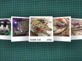 Image of scale modelling cutting board with polaroids of the De Agostini ModelSpace 1:1 prop replica scale model Millennium Falcon, as cover image for a blog about the ModelSpace December scale modeller of the month - Mark Warren.