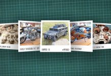 Image of scale modelling cutting board with polaroids of various scale models, as cover image for a blog about the ModelSpace February scale modeller of the month - Andreas Draisbach.