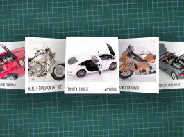Image of scale modelling cutting board with polaroids of various scale models, as cover image for a blog about the ModelSpace May scale modeller of the month - Michal Chaniewski.