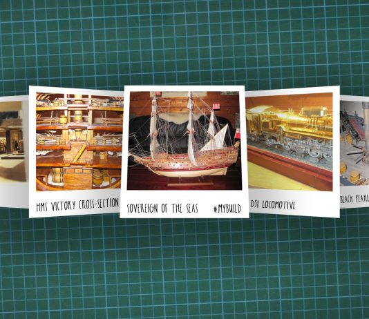 Image of scale modelling cutting board with polaroids of various scale models, as cover image for a blog about the ModelSpace June scale modeller of the month - Bernd Peppmeier.