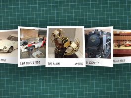 Image of scale modelling cutting board with polaroids of various scale models, as cover image for a blog about the ModelSpace July scale modeller of the month - Carl Darby.