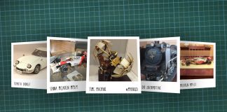 Image of scale modelling cutting board with polaroids of various scale models, as cover image for a blog about the ModelSpace July scale modeller of the month - Carl Darby.