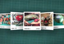 Image of scale modelling cutting board with polaroids of various scale models, as cover image for a blog about the ModelSpace August scale modeller of the month - Stephen Graham.