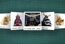 Image of scale modelling cutting board with polaroids of various scale model Samurai, as cover image for a blog about the ModelSpace September scale modeller of the month - Russ Ogi.