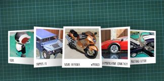 Image of scale modelling cutting board with polaroids of various De Agostini ModelSpace scale models, as cover image for a blog about the ModelSpace February scale modeller of the month - Alan Crofts.
