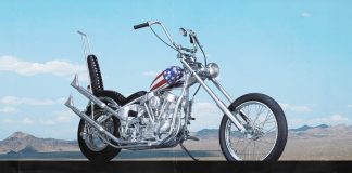 Cover image of a 1:4 scale model Captain America motorbike, for a blog about the history and cultural significance of the bike made famous by the 1960s Easy Rider film.