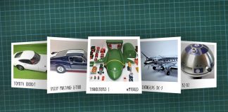 Image of scale modelling cutting board with polaroids of various De Agostini ModelSpace scale models, as cover image for a blog about the ModelSpace June scale modeller of the month - Derek Williams.