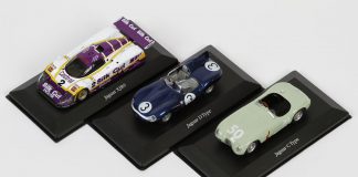 Image of the DeAgostini ModelSpace Jaguar Le Mans diecast model cars, as part of a blog about Jaguar's success at Le Mans.
