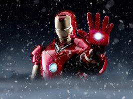 Image of Iron Man in the middle of a snow storm.