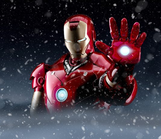 Image of Iron Man in the middle of a snow storm.