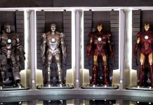 Image of 4 Iron Man Armors on display: Mark I, Mark II Mark III., and Mark IV.