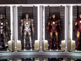 Image of 4 Iron Man Armors on display: Mark I, Mark II Mark III., and Mark IV.