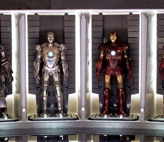 Image of 4 Iron Man Armors on display: Mark I, Mark II Mark III., and Mark IV.