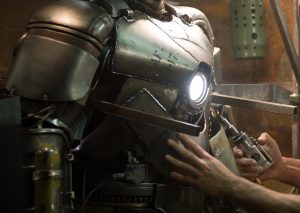 Image of the details of Mark I, the first Iron Man armor, made out of scrap metal.