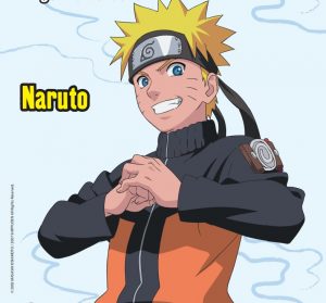 Naruto smiles with his fists touching each other at the center of his chest. Light blue background.